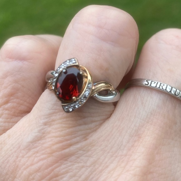 Genuine Garnet and white topaz ring .925 Sterling Silver 18k gold accent - Picture 2 of 15